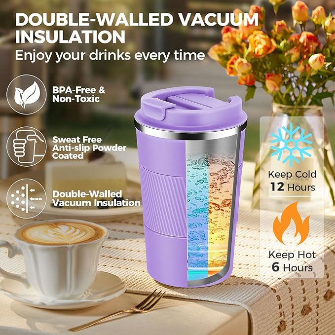Volhoply 13 oz Stainless Steel Insulated Travel Coffee Mug with Fip Lid Bulk 4 Pack,Reusable Double Wall Vacuum Metal Coffee Cup,Portable Leak Proof Thermal Tumbler for Hot & Cold Drinks(Purple,4)