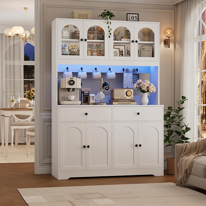 HIFIT 71" LED Kitchen Pantry Cabinet with Power Outlet, Large Kitchen Hutch Storage Cabinet with Arched Door & Shelves & 2 Drawers, Tall Modern Coffee Bar with Hutch for Home Dining Living Room, White