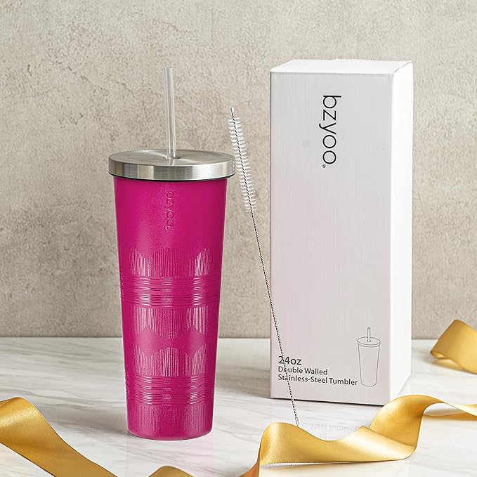 bzyoo SUP Vacuum Insulated Tumbler with Straw and Lid Stainless Steel Water Bottle Cold Drink Travel Mug Cup Gifts For Him & Her 24oz (710ml) Color: Scribe Purple