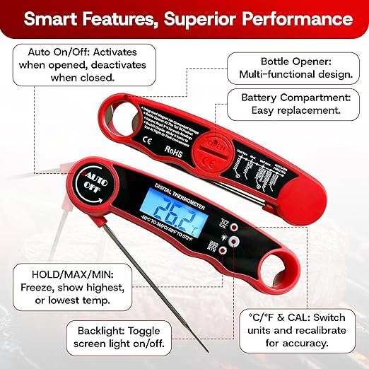 Meat Thermometer Digital Wireless with Cooking Tongs for Cooking & Grilling - Ultra-Fast Waterproof Food Thermometer with Backlight & Calibration for BBQ, Candy, Oven, Kitchen Essentials (Black/Red)
