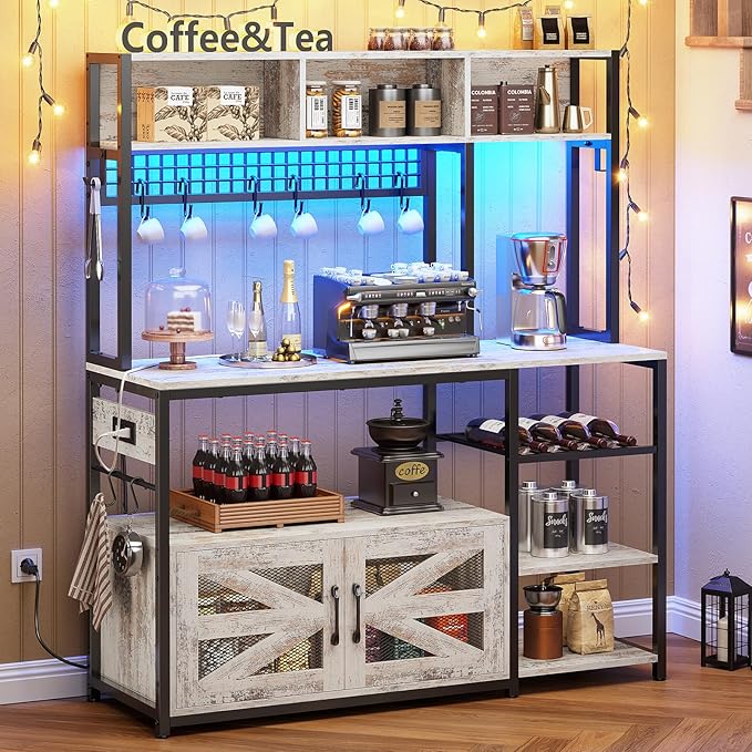Itaar 47.2 Inch Bakers Rack with Power Outlet, Microwave Stand with Storage, Farmhouse Coffee Bar Cabinet Station with Wine Rack, Iron Grid and 8-S Hooks, Vintage White