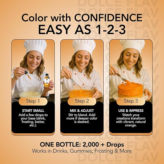 Dolce Flav Natural Orange Food Coloring – 2 oz Bright Plant-Based Liquid Dye | Water-Soluble Color for Baking, Drinks & Desserts | Graduated Dropper Included | No Artificial Dyes | Kosher | Made in USA