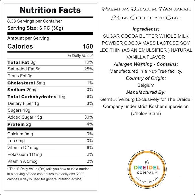 The Dreidel Company Chocolate Candy Milk 50 Chocolate Coins, Hanukkah Gelt, Gold Coins, Made with Belgian Chocolate, Gluten Free, Non GMO, Nut-Free, Kosher Certified