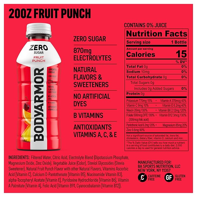 BODYARMOR ZERO Sugar Fruit Punch, Sugar Free Sports Drink - Low-Calorie Hydration - Natural Flavors with Potassium Packed Electrolytes, Antioxidants, and B-vitamins, 20 fl oz (pack of 6)