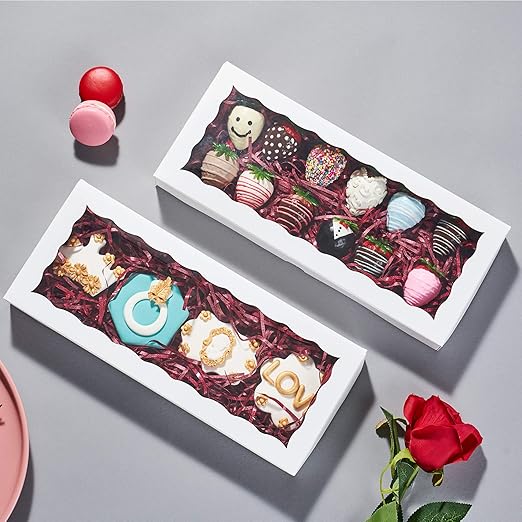 4PCS 12 x 5 x 1.5 inches Auto-Popup One Piece Premium White Cookies Boxes, Mini Strawberry Boxes, Bakery Box for Holiday Cookie Gift Sets