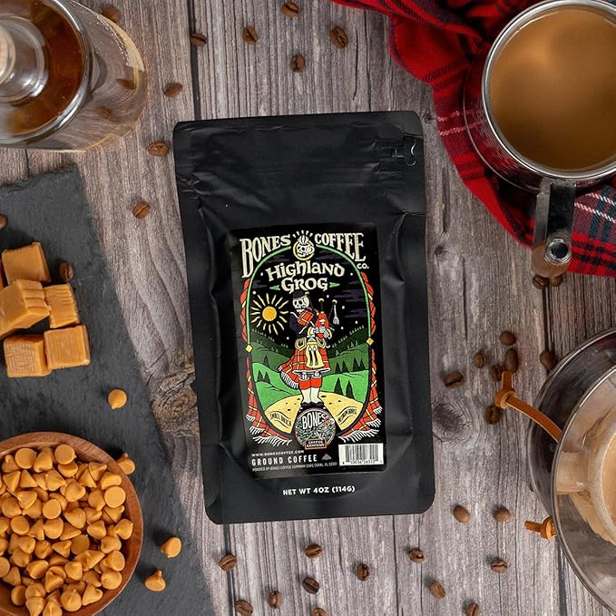 Bones Coffee Company Favorite Flavors Sample Pack Box Set with Specialty Coffee Mug, 5 Assorted Single-Origin Low Acid Medium Roast Arabica Beans Flavored Coffee Gifts, 4 oz Pack of 5 Whole Bean