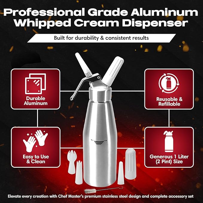 Chef Master (2 Pint / 1 Liter) Aluminum Whipped Cream Dispenser - Decorating Tips for Desserts, Coffee, Latte + Cleaning Brush - Whip Cream Dispenser Canister for Home, Bakery or Restaurant - 90077