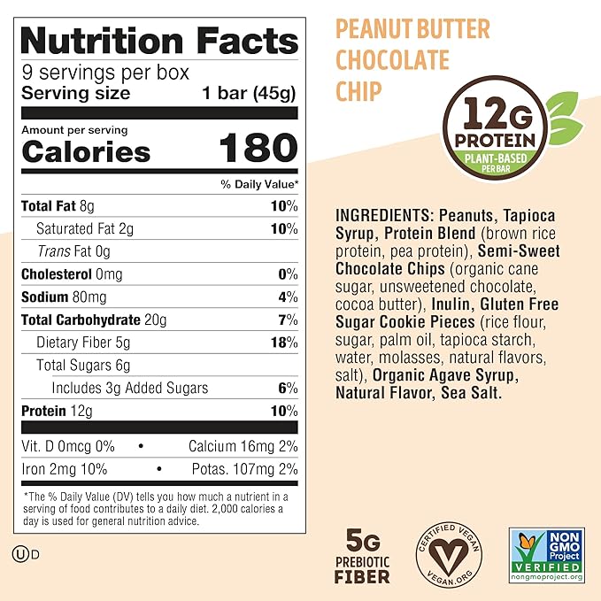 Lenny & Larry's Cookie-fied Protein Bar – Peanut Butter Chocolate Chip Vegan 9x45g – Healthy Snacks with 12g Plant Protein & 5g Fiber – Gluten free Power Bar, Keto Friendly, Non-GMO & Vegan