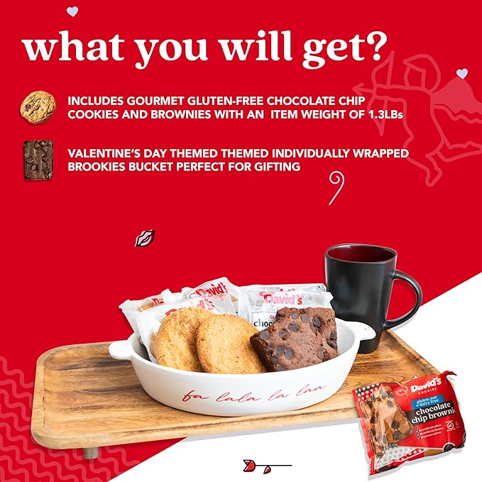 David’s Cookies Gluten Free Assorted Cookies and Brownies Bucket Sampler - Comes in a Love-Themed Decorated Bucket 1.3Lbs - Freshly Baked Gourmet Cookies Gift For Your Loved Ones (Roses Not Included)