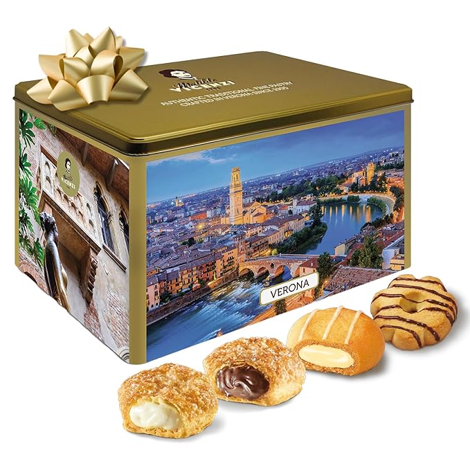 Matilde Vicenzi Verona Gift Tin - Assortment of Italian Pastries and Cookies - Gourmet Gifts For Thanksgiving & Christmas - Assorted Cookies in Italian Design Tin 32oz (907g)