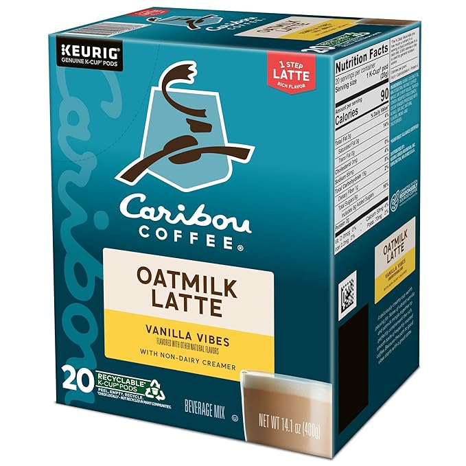 Caribou Coffee Vanilla Vibes Oatmilk Latte, One Step Latte Single Serve Keurig K-Cup Pods, 20-Count Box