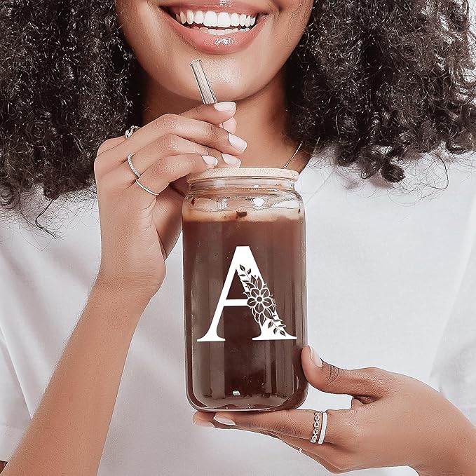 Personalized Gifts for Women, Monogrammed Glass Cups with Lids and Straws, Custom Tumbler, Cute Customized Mug, Aesthetic Stuff, Initial Iced Coffee Cup, Drinking Glasses, Birthday Teacher Gifts, M