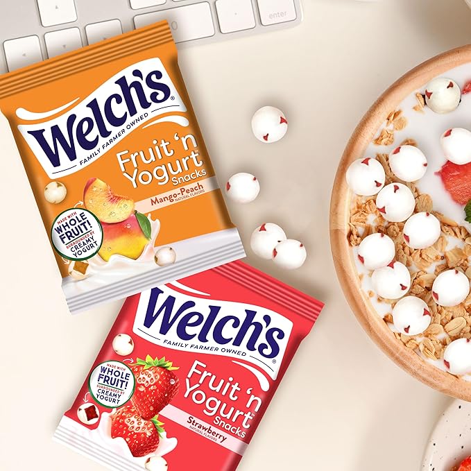 Welch's Fruit Snacks, Fruit 'n Yogurt Variety Pack, Strawberry, Mango Peach, Gluten Free, Bulk Pack, Single Serve, 0.7 oz Bags (Pack of 40)