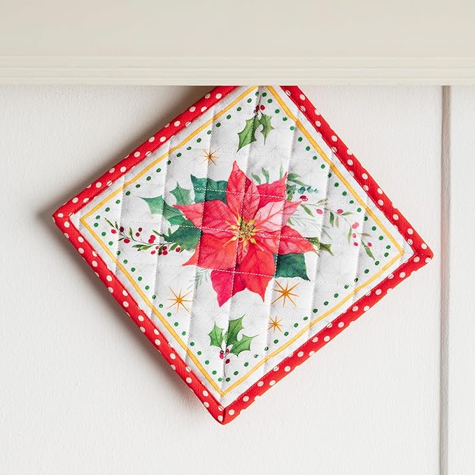 Maison d' Hermine Pot Holders Set 100% Cotton Heat Resistant Potholders 8" x 8" Hot Pads with Loop BBQ, Cooking, Baking, Grilling, Kitchen, Handling Hot Pans (Pack of 2, Poinsettia Christmas)