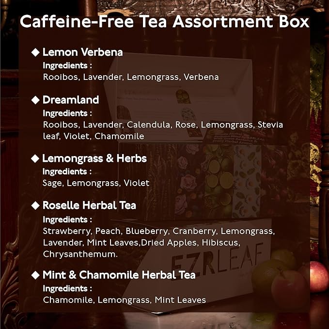 Decaf Herbal Tea Sampler – EZR Leaf 22ct Caffeine-Free Pyramid Bags, Assorted Fruit & Floral Blends with Lemon Verbena, Chamomile Mint, Dreamland, Roselle – Variety Tea Gift Set for Tea Lovers