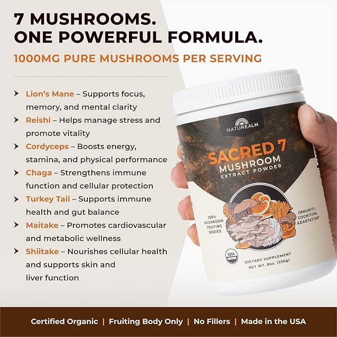Naturealm Sacred 7 Organic Mushroom Supplement – 100% Fruiting Body Extract Powder with Lions Mane, Reishi, Chaga & More | Nootropic & Immune Support for Coffee, Tea, Smoothies – 60 Servings