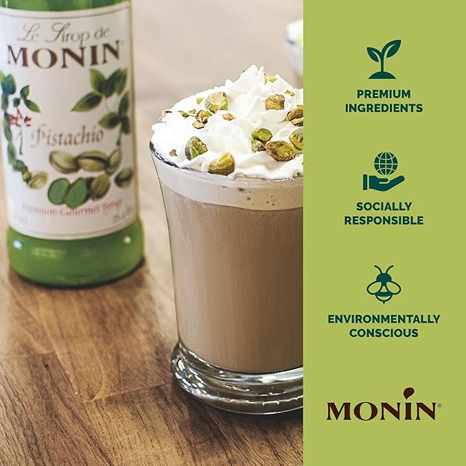 Monin - Pistachio Syrup, Rich and Roasted Pistachio Flavor, Great for Lattes, Mochas, and Dessert Cocktails, Non-GMO, Gluten-Free (1 Liter)
