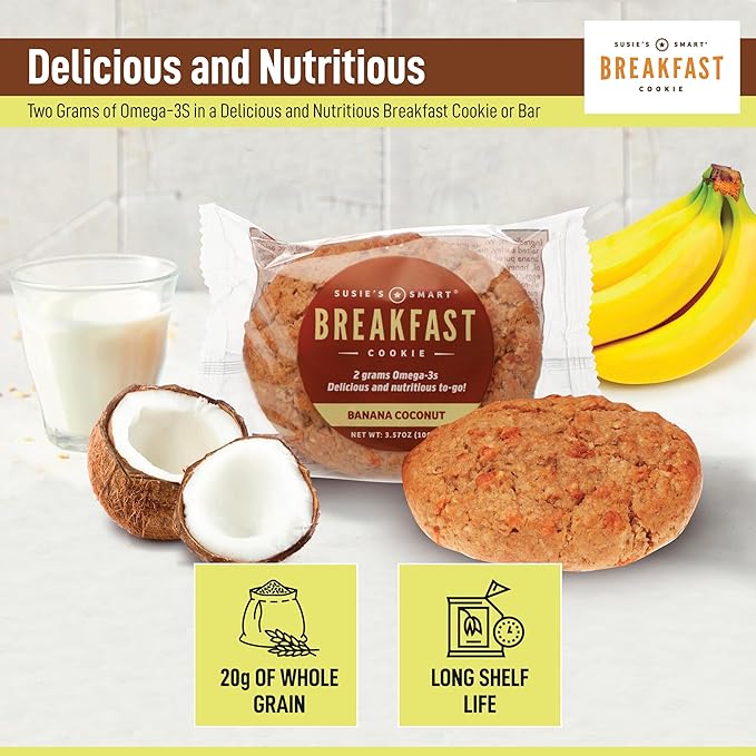 Susie's Smart Breakfast Cookie Healthy Omega-3s and Protein rich Soft Chewy Home-baked Cookie, Coconut/Banana, 3.57 Ounce (Pack of 18), 64.26 Ounce