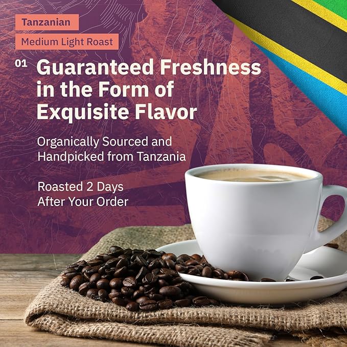 Tanzanian Peaberry Coffee Whole Bean - Single Origin Medium Light Roast, Roasted To Order Whole Bean Coffee Specialty Grade, Fair Trade and Non-GMO