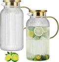 2 PACK Glass Pitcher with Lid, 68 oz/ 2 Liter Classic Vertical Stripes Water Pitcher with Yellow Handle,Glass Water Carafe for Cold Brew, Coffee, Lemonade, Iced Sun Tea,Beverage,Heat Resistant