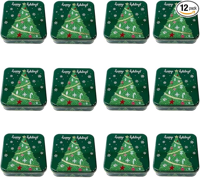 Metal Christmas Cookie Tins with Lids, 12 Pack Green Square Holiday Storage Containers, Durable & Stylish Storage Solution For Gift Giving, Cake, Candy & More