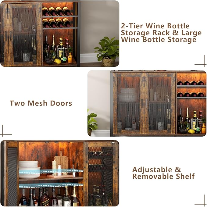Loomie Wine Bar Cabinet with LED Lights, Industrial Coffee Bar with 3 Storage Compartments & Wine Rack &Glass Holder,Sideboard Buffet for Liquor and Glasses,Liquor Cabinet,Rustic Brown