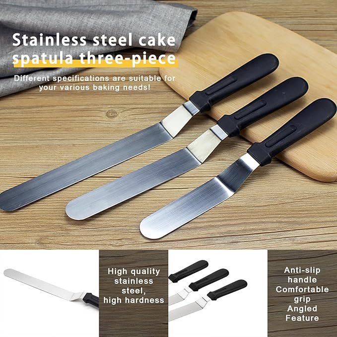 Offset Spatula Set with Pink Cake Scrapers, 3 Pack Angled Frosting Spatulas (6, 8, 10 inch) & 3 Cake Smoother Scrapers, Stainless Steel Icing Spatula for Cake Decorating, Baking & Pastry