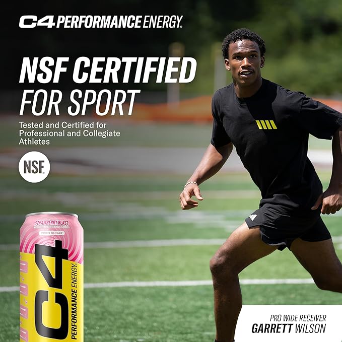 Cellucor C4 Performance Energy Drink | Strawberry Blast | Zero Sugar Carbonated Preworkout Energy | 200mg Caffeine with Beta Alanine | 16 Fl Oz (12 Pack)