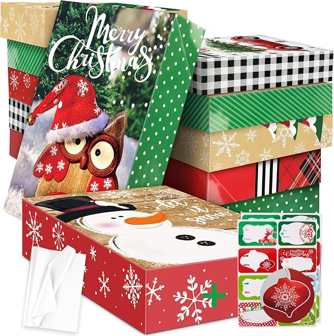 12 Extra Large Christmas Gift Wrap Boxes Bulk with Lids, 12 Tissue paper and 80 Foil Christmas Stickers for Wrapping Oversized Clothes (Robes, Sweater, Coat, Shirts) and Xmas Holiday Present