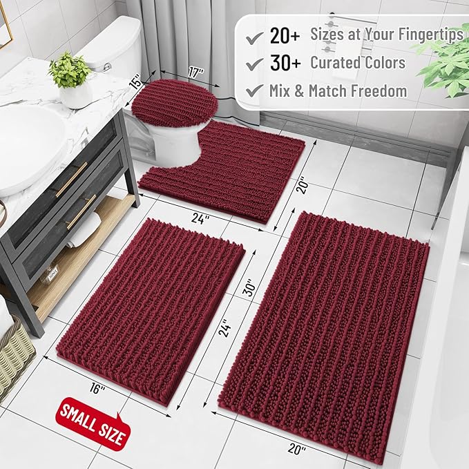 Arotive Luxury Chenille Bathroom Rug Mat, Extra Soft Thick Absorbent Shaggy Bath Rugs, Non-Slip Machine Wash Dry, Plush Bath Mats for Bathroom, Shower and Tub, 59x35, Burgundy