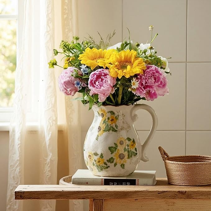 Vintage Vase with Handle, 7.6 Inch Ceramic Pitcher Sunflower Floral Vase, Rustic Farmhouse Vases for Grandma Core Home Decor, Bookshelf Office Tuscan Decor (Large Teapot)