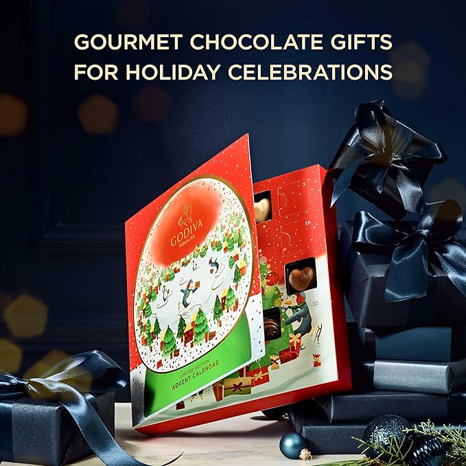 Godiva 2025 Advent Calendar, Limited Edition Deluxe Snowglobe Chocolate Assortment Holiday Gift Box for Christmas, 24pc