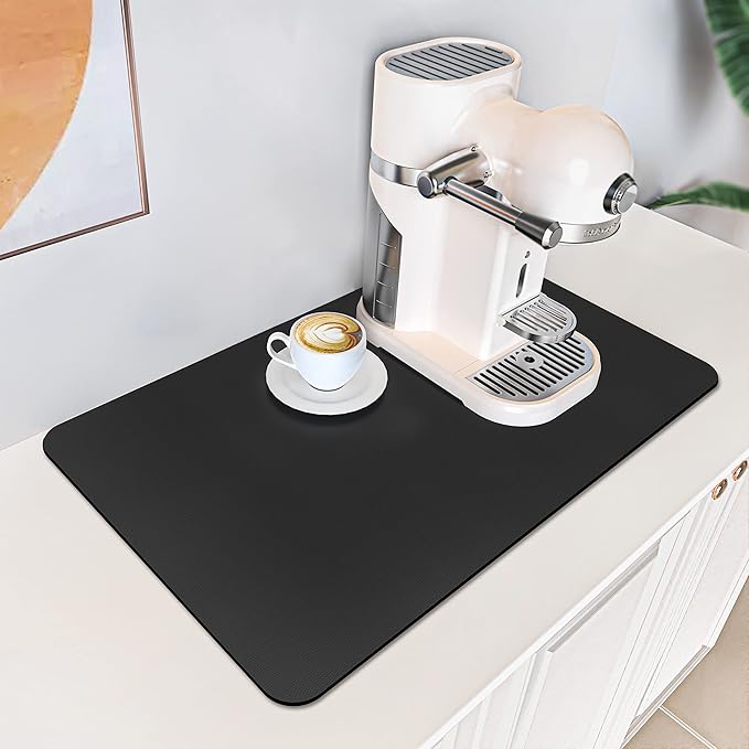 PoYang 17"x12" Coffee Mat Small, Coffee Bar Accessories for Countertop, Absorbent Dish Drying Mat, Anti-Slip and Hide Stain Pad for Espresso Machine, Espresso Maker and Kitchen Counter, Black