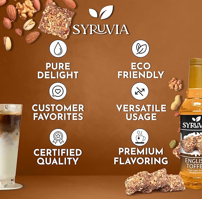 Syruvia English Toffee Coffee Syrup - 25.4 fl oz. Kosher and Gluten-Free. Perfect for enhancing drinks, sodas, shakes, desserts, and more.