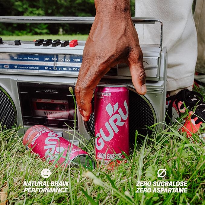 GURU Fruit Punch Organic Energy Drinks, Clean Energy Drink with Plant Based Natural Caffeine from Green Tea + Focus with L Theanine, Gluten Free and Vegan, 140MG Caffeine, 12oz (Pack of 24)