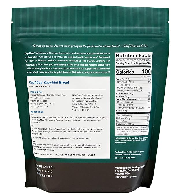 Cup4Cup Wholesome Flour, 2 Pounds, Certified Gluten Free, 1:1 Whole Wheat Flour Substitution, Dairy Free, Non-GMO, Kosher, Made in the USA