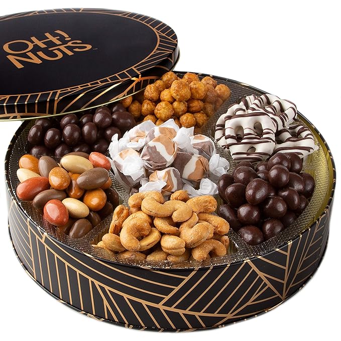 Oh! Nuts Chocolate Covered Pretzels and Nuts Gift Basket - 7 Section Gourmet Assorted Chocolates Gifts Baskets - Healthy Chocolate Round Metal Tin Box for Birthday, Holiday, Corporate, Family, Men & Women