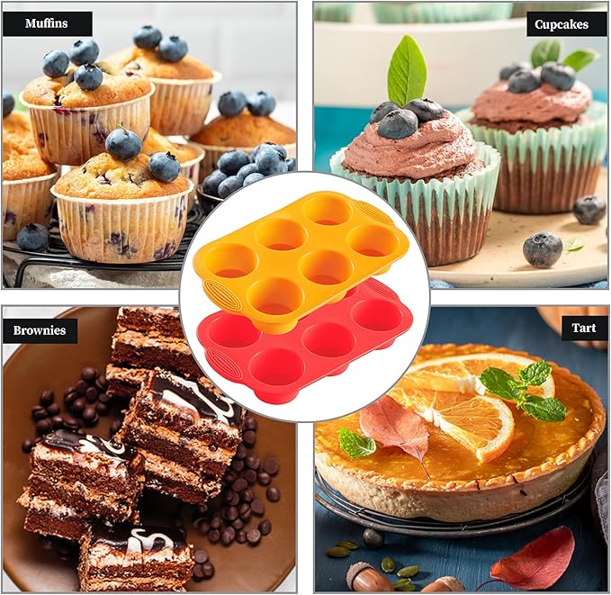 2PCS Silicone Muffin Cupcake Pan Molds, 6-Cavity Non Stick Silicone Muffin Pans for Baking Muffin, Cupcakes, Brownies and More, Food Grade and BPA Free (Orange and Red)