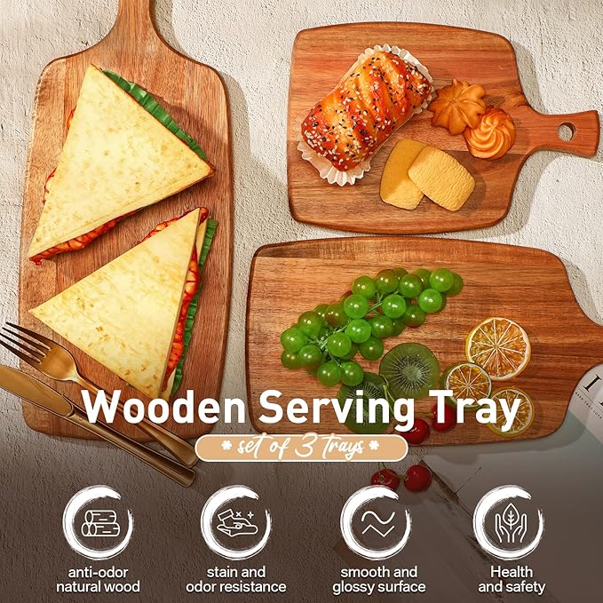 Kathfly 3 Pcs Acacia Wood Cutting Board with Handle Wooden Laser Kitchen Serving Charcuterie Board for Vegetables Meat Pizza Cheese Fruit Bread(17x7, 14x7, 10x7 Inch)