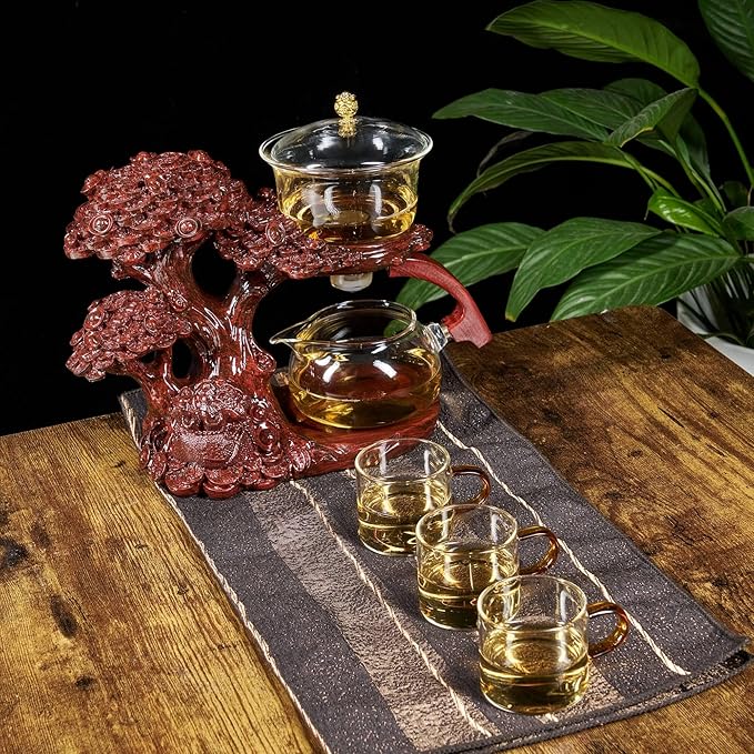 Glass Teapot Set with Infuser Semi Automatic Tea Set Magic Teapot (Tree - red)