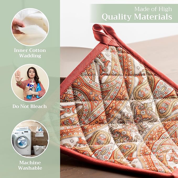 Maison d' Hermine Pot Holders Set 100% Cotton Heat Resistant Potholders 8" x 8" Hot Pads with Loop BBQ, Cooking, Baking, Grilling, Kitchen, Handling Hot Pans (Pack of 2, Kashmir Paisley)