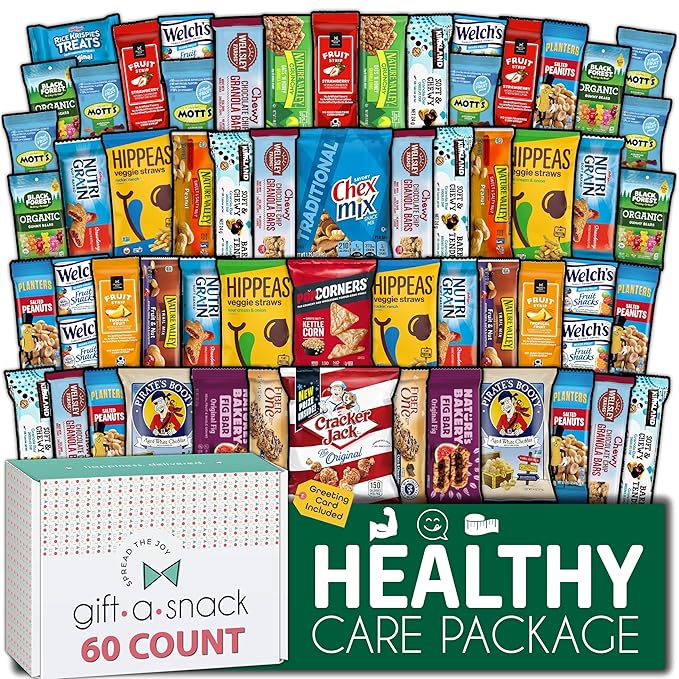 Gift A Snack - Thanksgiving, Holiday, Christmas Stocking Stuffer Healthy Snack Box Care Package + Greeting Card (60 Count) Birthday Treats Gift Basket, Nutritious Granola Breakfast Bars