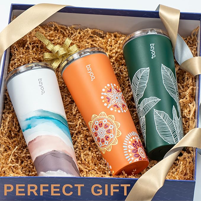 bzyoo SUP Double Wall Vacuum Insulated Tumbler with Straw and Lid Stainless Steel Water Bottle Travel Mug Cup Valentines Gifts For Him & Her, 24oz (710ml) Color: Leaf Green