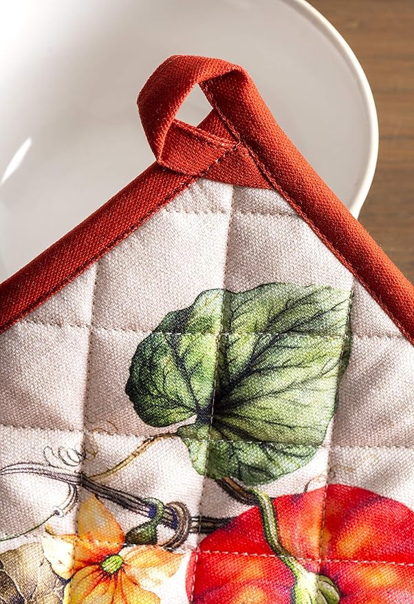 Maison d' Hermine 100% Cotton Oven Mitt & Pot Holder Set (7.5"x13" & 8"x8") Heat Resistant BBQ Cooking Gloves with Loop, Baking, Grilling, Kitchen, Handling Hot Pans (Potiron)