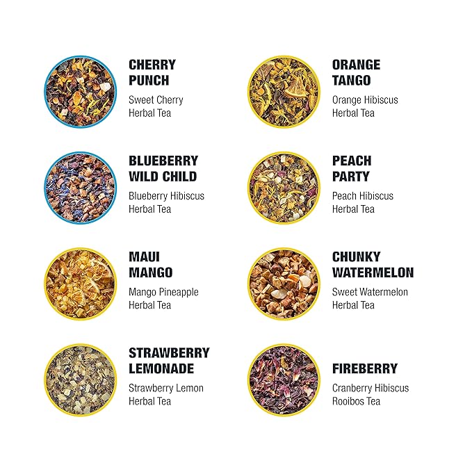 Tiesta Tea - Fruity Tea Sampler Dry Flight Set, Loose Leaf, No Caffeine, Makes Hot and Iced, Assorted Fruit Brews with Mango, Peach, Orange Drinks & More, 8 Resealable Sample Pouches