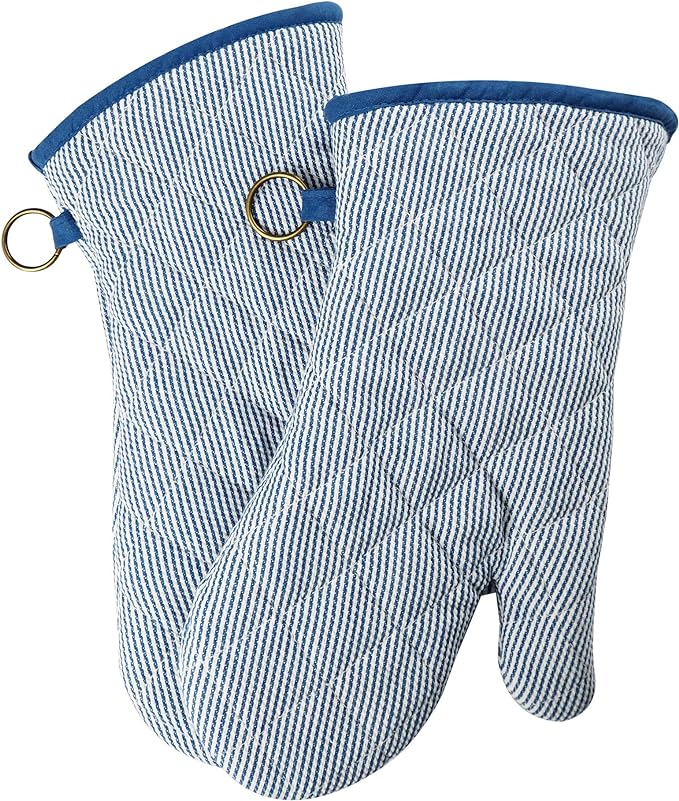 1 Pair Yarn Dyed Oven Mitts 100% Cotton Heat Resistant 470 Degree Gloves Men Women Cooking Baking Barbecue BBQ Microwave Crafting Machine Washable Pot Holders Mittens (blue2)