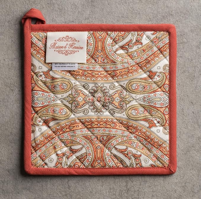 Maison d' Hermine Pot Holders Set 100% Cotton Heat Resistant Potholders 8" x 8" Hot Pads with Loop BBQ, Cooking, Baking, Grilling, Kitchen, Handling Hot Pans (Pack of 2, Kashmir Paisley)
