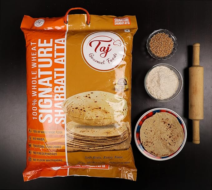 TAJ Signature Sharbati Atta 2-Pounds | Chakki Atta - Stone Ground 100% Whole Wheat Flour, Chappati Flour | No Mix