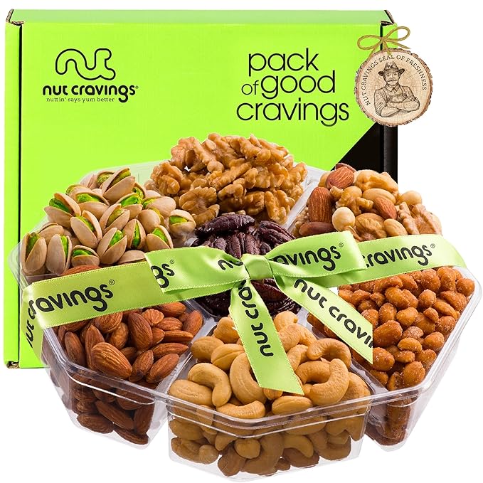 NUT CRAVINGS - Thanksgiving Mixed Nuts Gift Basket + Green Ribbon (7 Assortments, 2.2 LB) Holiday Xmas Christmas Food Arrangement, Healthy Snack Care Package, Food Assortments