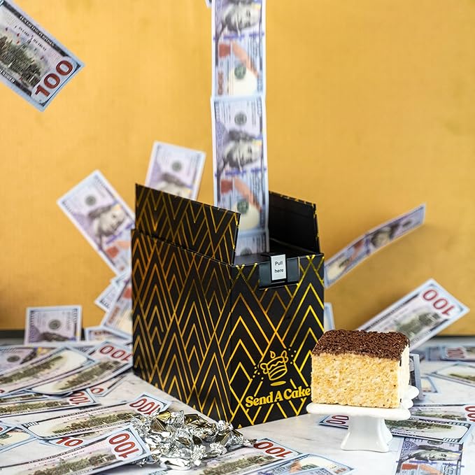 Luxe Billionaire Birthday Gift Box by Send A Cake – Music Box with Shooting Birthday Bills, Sweet Caramels & 3" Chocolate Sprinkle Crispy Cake – Ready-to-Gift, No Assembly, Gift for Women, Men & Kids